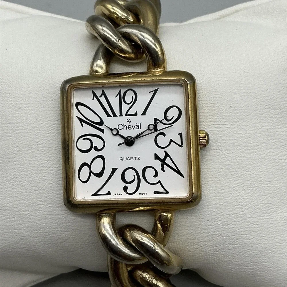 Vintage Cheval Womens Watch 27mm Square Chain Band Hong Kong New Battery 8.25